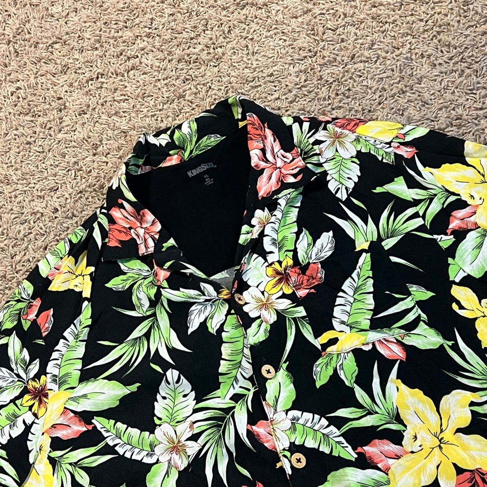 King Size Mens XL Big Tropical Floral Hawaiian‎ Button Down Shirt Black Hibiscus